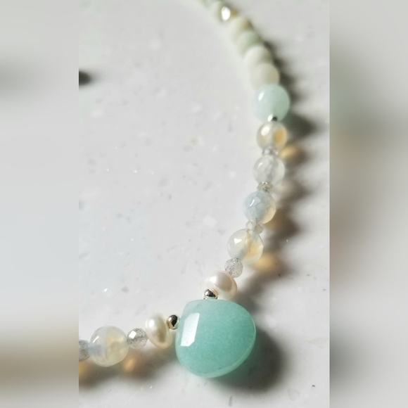 "The Sea Goddess" Aqua Blue Chalcedony & Gemstones Necklace & Earrings Set - Picture 4 of 7